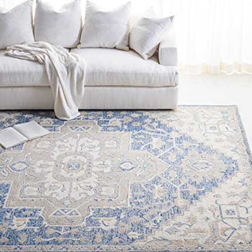 Safavieh Traditional Rug for Living Room, Dining Room, Bedroom - Micro-Loop Collection, Short Pile, in Blue and Ivory, 240 x 300 cm