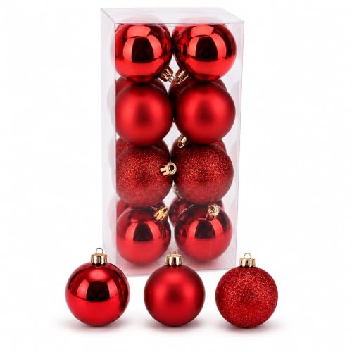 Well Home Christmas Baubles, Set of 16 Red Baubles ??5cm with Glossy Finish, Matte and Glitter, for Christmas Tree, Set of 16 Baubles