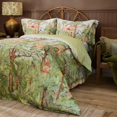 Voyage Maison Eden Ruins Cotton Duvet Cover Set (Green - Double) - Hand-painted tropical foliage, florals and hidden wildlife create an expressive nature-inspired retreat