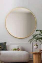 "MirrorOutlet The Fenestra - Gold edged Modern Round Circular Wall Mirror 43"" X 43"" (110CM X 110CM) Silver Mirror Glass with Black Metal Frame"