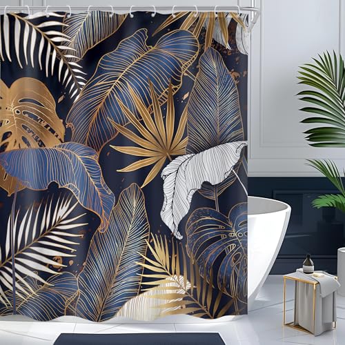 Cinbloo Navy Blue Shower Curtain 60Wx72H Tropical Shower Curtain Abstract White Gold Palm Leaves Hawaiian Monstera Bathroom Curtain Modern Botanical Brown Plant Bathroom Decor Fabric 12 Hooks