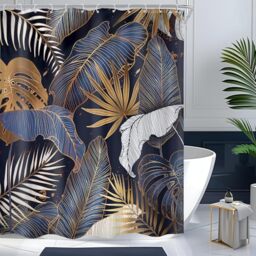 Cinbloo Navy Blue Shower Curtain 60Wx72H Tropical Shower Curtain Abstract White Gold Palm Leaves Hawaiian Monstera Bathroom Curtain Modern Botanical Brown Plant Bathroom Decor Fabric 12 Hooks