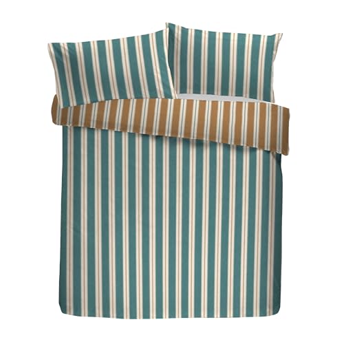 Appletree Heritage Duvet Cover Set, 100% Cotton, Double 200x200cm, Teal, Striped Pattern with Frill Detail, 68 Pick Thread Count, Orange