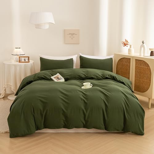 ECOCOTT 3 Pieces Duvet Cover Set Twin Size 100% Washed Cotton 1 Duvet Cover with Zipper and 2 Pillowcases, Ultra Soft and Easy Care Breathable Cozy Simple Style Bedding Set (Avocado Green)