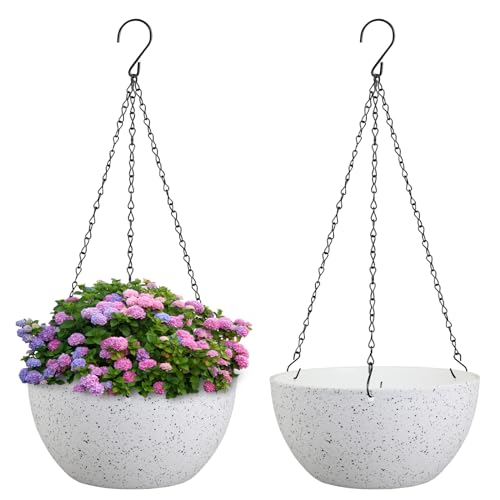 Meowell 10 inch Hanging Planters for Indoor Outdoor Plants, 2 Pack Hanging Flower Pots with Drainage Holes and Chain for Garden Porch, Plastic Hanging Baskets for House Plants, Speckled White