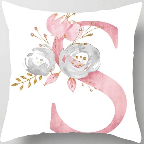 "Tillskuch Throw Pillow Covers Decorative English Letters Floral Pillowcases Velvet Soft Cushion Cover White Pillow Protectors for Sofa Bedding Car and Home Decor (Letter S, 18""x18"")"