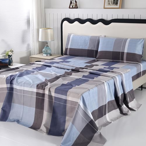 SDIII 4 Pieces Blue Gingham Sheets Twin, Soft Microfiber Blue Striped Sheets Twin Size Deep Pocket All Season
