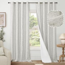 "Lajode 100% Blackout Curtains for Living Room 90 Inch Length 2 Panels Set, Thermal Insulated Light Blocking Boho Faux Linen Window Curtains for Bedroom, Bronze Grommet, Each 52"" Wide, Light Grey"