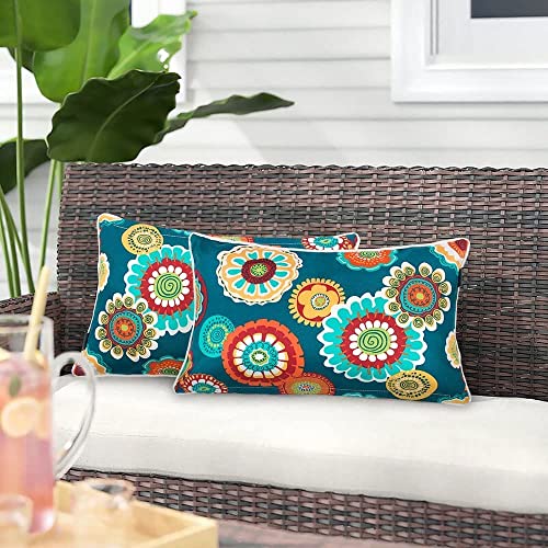 "Magpie Fabrics Pack of 2 Outdoor Lumbar Pillow Case Covers 12""x20"", Waterproof Rectangular Throw Pillowcase Shell Decorative Sham for Patio Garden Couch - Floral Green"