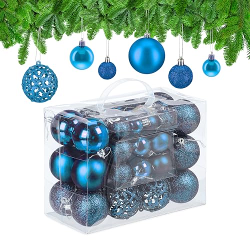 Relaxdays Christmas Bauble Set of 50, Glittery, Matt & Shiny Ornaments, Plastic Xmas Tree Balls, Ø: 3, 4 & 6 cm, Petrol