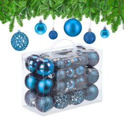 Relaxdays Christmas Bauble Set of 50, Glittery, Matt & Shiny Ornaments, Plastic Xmas Tree Balls, Ø: 3, 4 & 6 cm, Petrol