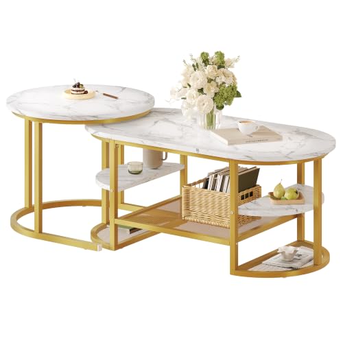 Feonase Coffee Tables, Nesting Tables Set of 2, Side Table with Metal Frame, Modern Stacking End Tables for Living Room Bedroom Office, Use Together or Separately,White
