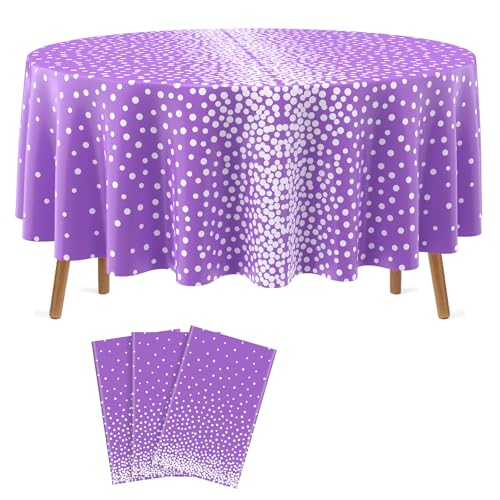 VitalCozy Round Dot Tablecloth 84 Inch Plastic Table Cover Polka Dot Confetti Tablecloths for Easter 2026 Graduation Prom Wedding Birthday Spring Party Supplies(Purple and Silver,3 Pcs)