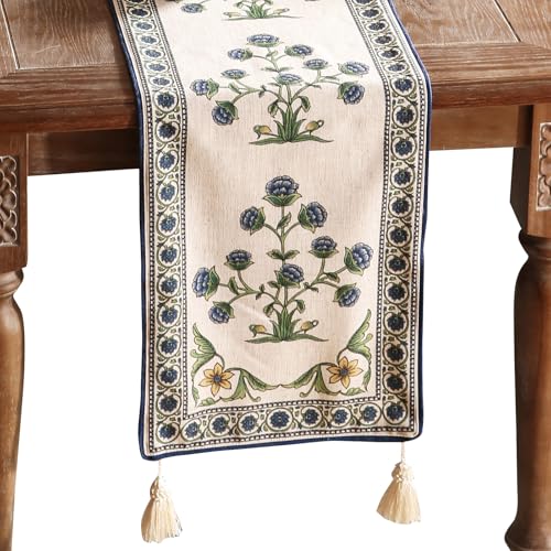 "patdrea Designer Blue Rustic Elegant Floral Patterned Linen Table Runner 102 Inch Long,Wrinkle Resistant Table Mat,Decoration for Kitchen Dining and Coffee Tables Banquets Thanksgiving,12""x102"""