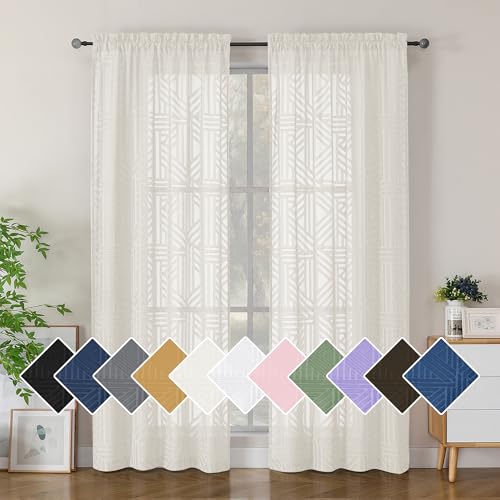 Simplebrand - Ivory Semi Sheer Curtains 84 Inches Long 2 Panels Sheer Curtains Geometric Clip On Jacquard Textured Window Curtains for Bedroom Modern Curtains and Drapes
