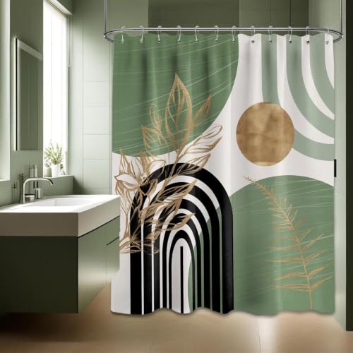 "QGHOT Sage Green Shower Curtain Boho Mid Century White and Light Green and Black Shower Curtains for Bathroom Decor, Waterproof Cloth Fabric with Hooks, 70"" W x 84"" L"