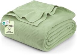 Utopia Bedding Sage Green 100% Cotton Blanket [Queen Size - 90x90 Inch] 350GSM Lightweight, Soft and Breathable Thermal Blanket for All Seasons