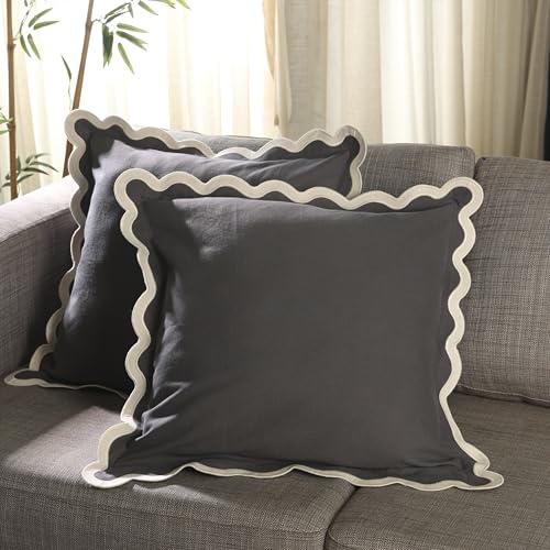 Folkulture - Set of 2 Cotton Pillow Covers 50x50cm Decorative Scalloped Throw Pillow Covers Cute Outdoor Living Room Sofa Throw Pillow Covers Bohemian Grey