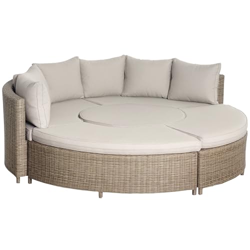 Outsunny 5 Pieces Outdoor PE Rattan Round Garden Daybed with Cushions, Aluminium Patio Furniture Set Lounge Chair Conversation Sofa Set with Liftable Coffee Table and Protect Cover, Grey
