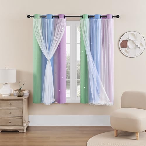 XiDi Curtains for Bedroom Decor, Rainbow Green PurpleBlue34/54/1 - 34 x54 inch, Blue Green Purple layered curtain, kids and girls bedroom decor, white sheer overlay,room darkening, grommet top