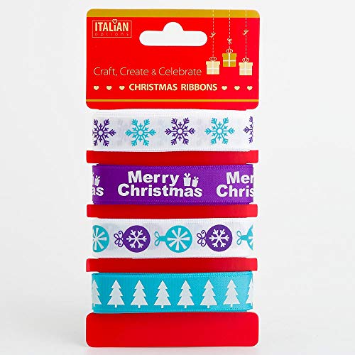 Italian Options Contemporary Christmas Ribbons for Gift Wrapping, Assorted Christmas Ribbon for Crafts, Wreaths, Decorations, Cards, Fabric Ribbon, Purple, Turquoise, Xmas Designs, 4 Designs x 2M (8M)