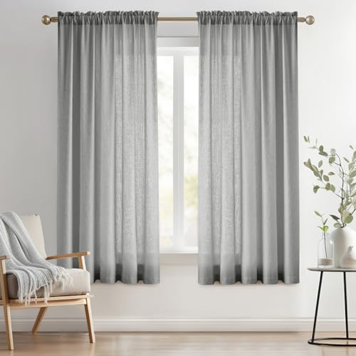 "Melodieux Grey Semi Sheer Curtains 72 Inches Long for Bedroom, Living Room Farmhouse Linen Look Shiny Sheer Drapes, Rod Pocket Light Filtering Sheer Curtains, 52"" W x 72"" L, 2 Panels"