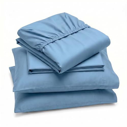 Peru Pima 415 Thread Count Percal Full Sheet Set - 100% Peruvian Pima Cotton, 4 Piece (Flat, Fitted, 2 Pillowcases) - Cooling, Crisp, Deep Pocket, Hotel Quality Bedding - Sky Blue