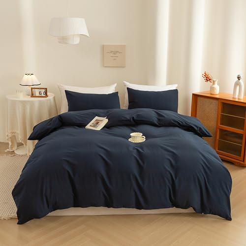ECOCOTT Navy Blue Duvet Cover California King Size - 100% Washed Cotton Durable Soft Comfy Duvet Cover Set, 3 Pieces Duvet Cover with Zipper Closure (Navy Blue, 104''x98'')