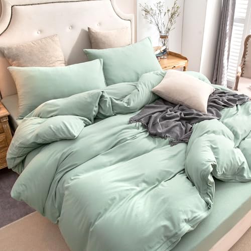 PURE ERA Jersey Knit Duvet Cover Set 100% T-Shirt Cotton Super Soft Comfy 3pc Bedding Set with Zipper Closure (Solid Sage Green, Full)