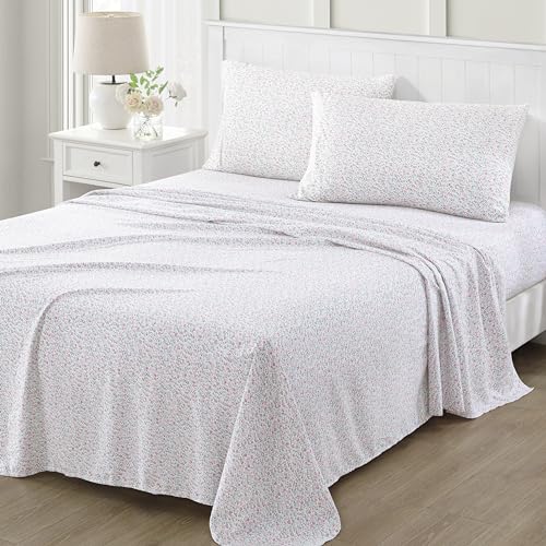 Martha Stewart Ultra Soft Brushed and Washed Microfiber 4 Piece Sheet Set, Easy Care, Comfy Bed Sheets with Deep Pocket, 1 Flat Sheet, 1 Fitted Sheet, 2 Standard Pillowcases, Queen Size, Pink & Blue