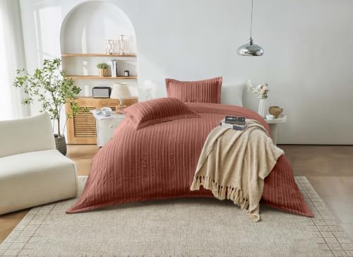 GC GAVENO CAVAILIA Striped Double Duvet Cover Set With Pillow Cover, Rust - Breathable, Soft Thick, Reversible Plain Stitch Bedding Double Bed Set - Washable Tufted Quilt Cover Button Closure,200x200cm