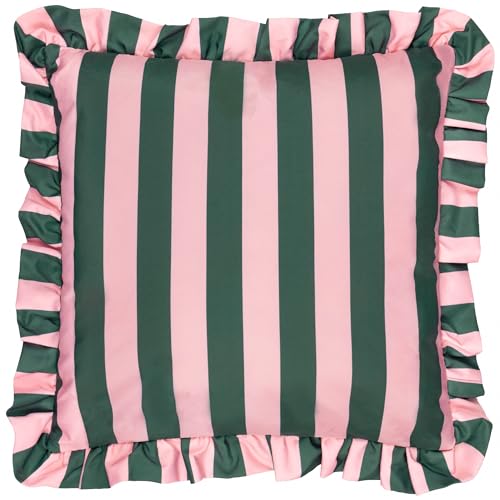 furn. Palm Royale Stripe Cushion Cover – Water Resistant Bold Striped Ruffle Trim Outdoor Decorative Case (Pink/Green – 50x50cm)