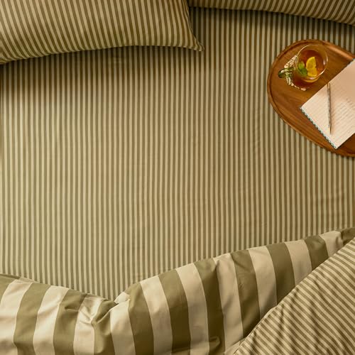 furn. The Ultimate Stripe Fitted Sheet – Tonal Narrow Striped Polycotton Bed Sheet (Green Tea – Single – 90x190x32cm)