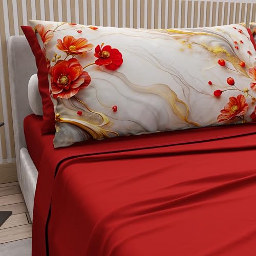 PETTI Artigiani Italiani - Cotton Sheets with Pillowcases in Digital Print, Double Maxi, Complete Top and Bottom Sheet with Corners, Floral 06 2 Red, 100% Made in Italy