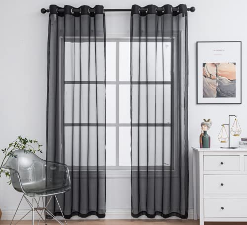 PI Sheer Curtains Panels Ring Top Airy Voile Window Draperies for Dining Room 2 Panels (W52 X L90, Black)