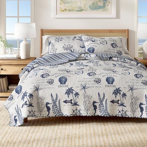 Great Bay Home 3 Piece Quilt Set with Shams Soft All-Season Microfiber Bedspread Featuring Attractive Seascape Images Machine Washable The Catalina Collection (King)