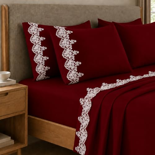 PETTI Artigiani Italiani - Set of Double Bed Sheets Percale Cotton with Burgundy Macrame Lace, 4-Piece Bed Set, 100% Made in Italy