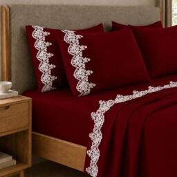 PETTI Artigiani Italiani - Set of Double Bed Sheets Percale Cotton with Burgundy Macrame Lace, 4-Piece Bed Set, 100% Made in Italy