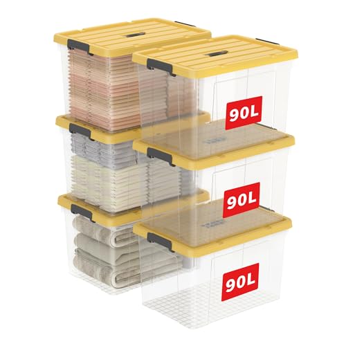 Cetomo 90L*6 Storage Boxes, Carry Plastic Storage Box with Lids, Organizing Container with Handle and Latching Buckles, Stackable, Nestable, Tote Bin for Home Office Clothes, 90L-6Pack, Clear & Yellow