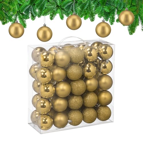 Relaxdays Christmas Baubles, Set of 50, Tree Ornaments, Holiday Decorations, Plastic, Shatterproof, 6 cm, Gold