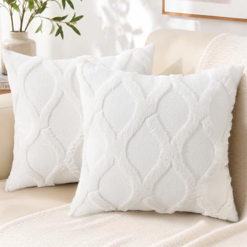 decorUhome Summer Euro Sham Throw Pillow Covers 26x26 Inch Set of 2, Soft Plush Faux Fur Wool Cream White Accent Couch Pillow Covers for Modern Farmhouse Bed Sofa Living Room