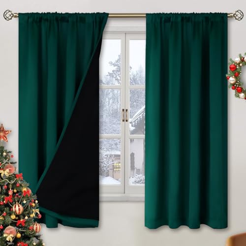 BGment Green 100% Blackout Curtains for Bedroom 63 Inches Long, Christmas Thermal Insulated Double Layer Full Room Darkening Noise Reducing Rod Pocket Curtain (42 x 63 Inch, Emerald, 2 Panels)