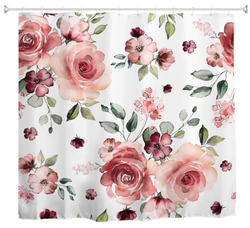 goodbath Floral Shower Curtain, Blossoming Rose Flowers Shower Curtains Set Waterproof Bathroom Bath Curtain, 72 x 72 Inch