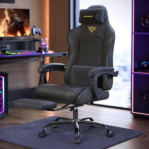 SONGMICS Gaming Chair, Ergonomic Office Computer Desk Chair with Footrest, Spring Seat Cushion, Synchronised Armrests, Ink Black OBG079BH07