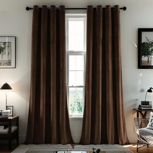 SMILETIME Brown 84 in Long Velvet Curtains with Grommet, Super Soft Privacy Noise Reducing Light-Filtering Velvet Drapes for Living Room Bedroom, 2 Panels, 52 x 84 inches