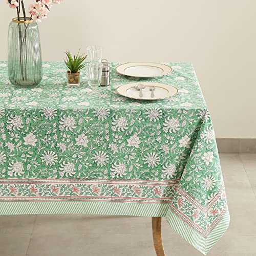 Labhanshi Indian Block Print Table Cloth-French Floral Handmade 10 Seater 72x135 Inch Rectangle Cotton Table Cover-Spring Easter St.Patrick Dining Tablecloth-Farmhouse Table Scape Decor-Green Leaf