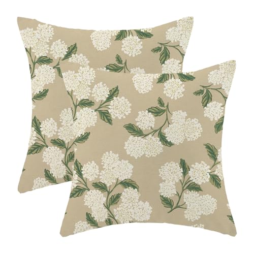 AEIOAE Spring Pillow Covers 18x18 Inch Set of 2, Beige Green Hydrangea Flower Throw Pillows Case,Floral Summer Outdoor Seasonal Decorative Farmhouse Decor Cushion Covers for Home Sofa Bed Couch