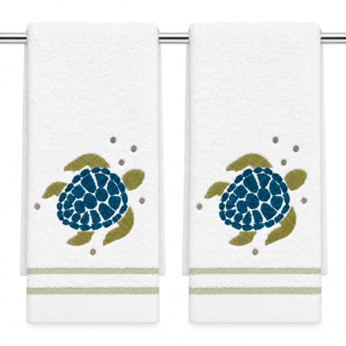 Serafina Home Coastal Nautical Bathroom Fingertip Towels - Set of 2 100% Cotton White Embroidered Green Sea Turtle Design - 18 x 12 Summer Bath & Kitchen D??cor