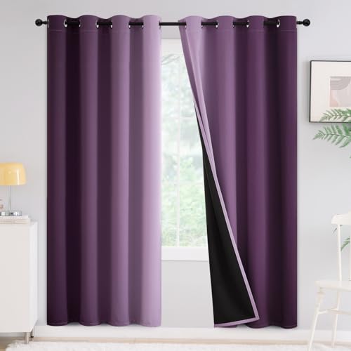 Yakamok 100% Blackout Purple Curtains 72 inches Long for Living Room - Room Darkening Ombre Curtain for Bedroom Grommet Light Blocking Thermal Insulated Gradient Drapes???2 Panels???52W x72L