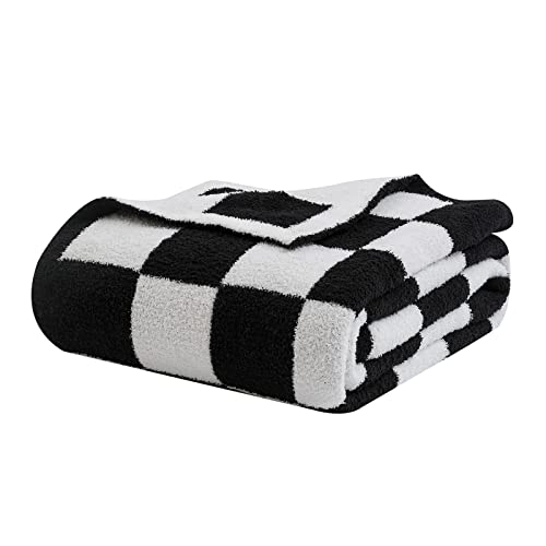 bearberry Fuzzy Checkerboard Grid Throw Blanket Soft Cozy Warm Microfiber All Season Blanket Decor for Couch Sofa Bed Travel Home (Black, 50''x60'')